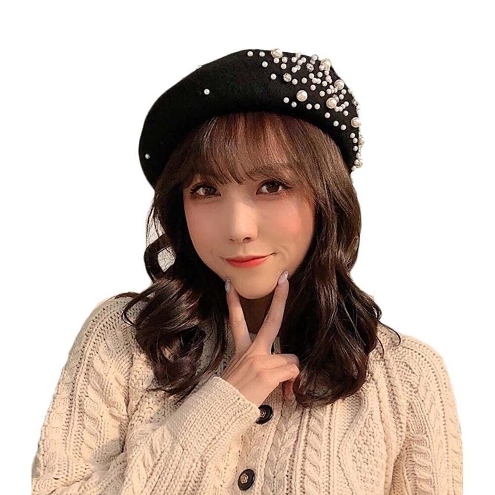 9379 Women Girls Beaded Pearl Rhinestone Wool French Beret Hat Winter Artist